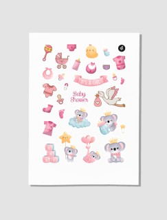 Cinsiyet Partisi Kız Bebek Tasarımlı A4 Kağıt 30'lu Sticker Seti