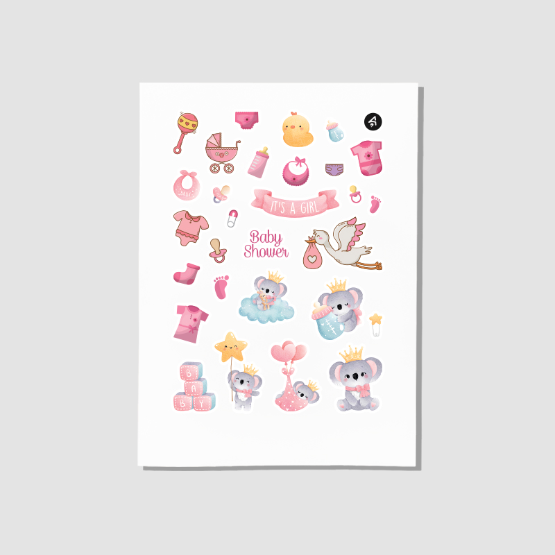 Cinsiyet Partisi Kız Bebek Tasarımlı A4 Kağıt 30'lu Sticker Seti