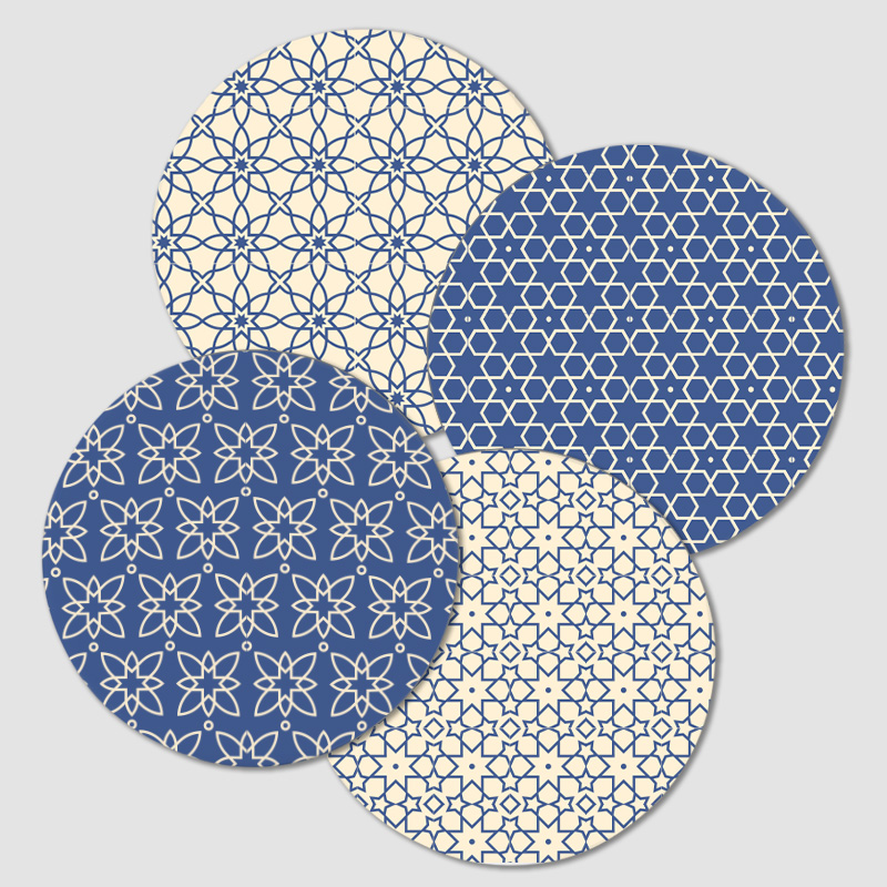 Oryantal Mavi Desenler Tasarımlı 4lü Yuvarlak Bardak Altlığı Seti