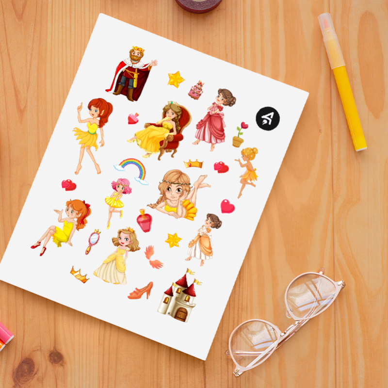 Güzel Prensesler Tasarımlı A4 Kağıt 26'lı Çocuk Sticker Seti