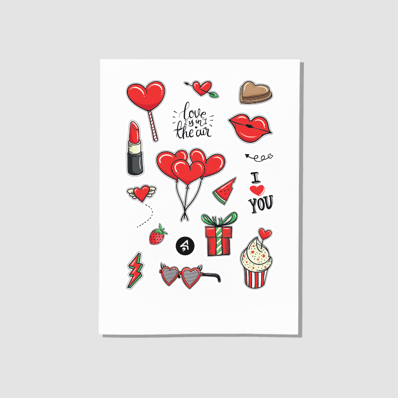 Sevgililer Gününe Hazırlık Tasarımlı A4 Kağıt 16'lı Yetişkin Sticker Seti