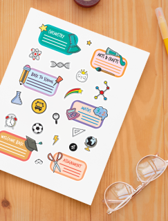 Dersler Temalı Okul Etiketi Tasarımlı A4 Kağıt 20'li Sticker Seti