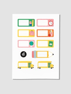 Okul Servisi ve Etiketler Tasarımlı A4 Kağıt 9'lu Çocuk Sticker Seti