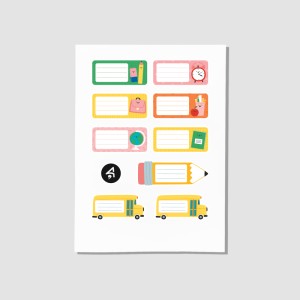 Okul Servisi ve Etiketler Tasarımlı A4 Kağıt 9'lu Çocuk Sticker Seti