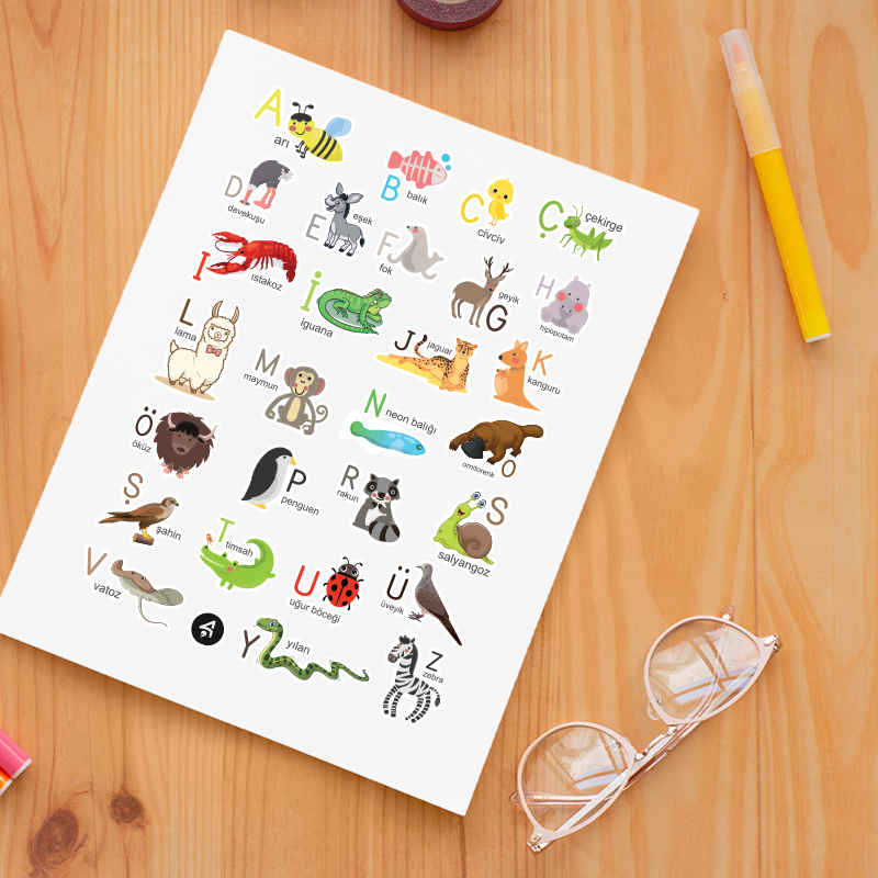 Sevimli Hayvanlar ve Alfabe Tasarımlı A4 Kağıt 29'lu Çocuk Sticker Seti