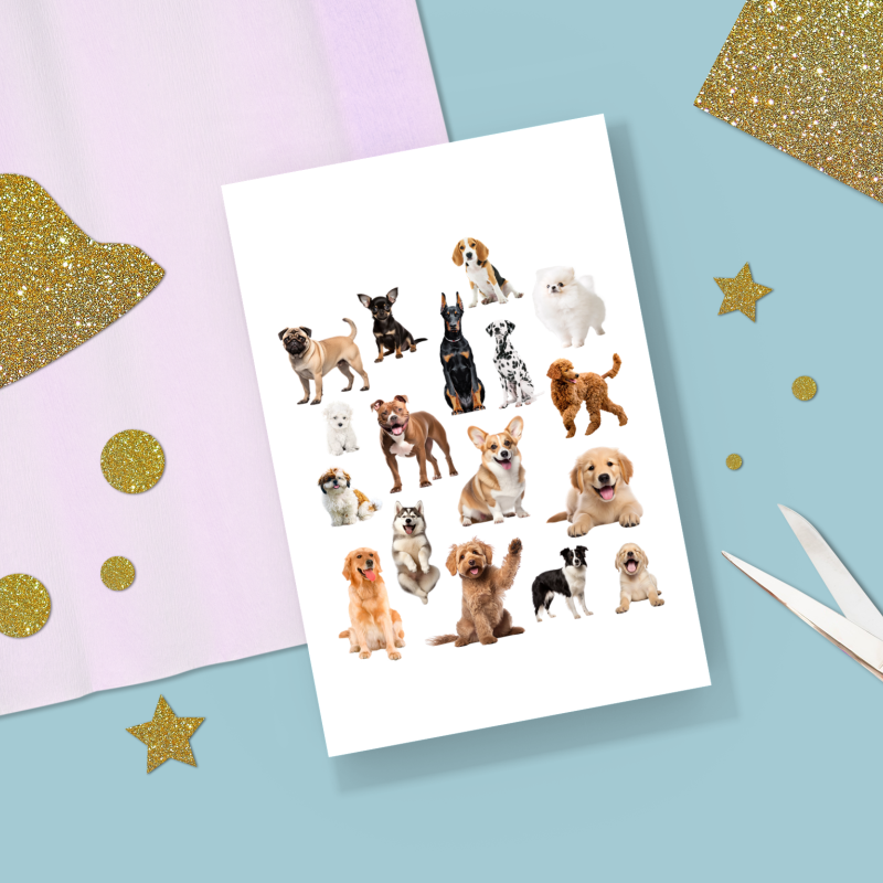 Gerçek Köpek Fotoğrafları Tasarımlı A4 Kağıt 17'li Çocuk Sticker Seti
