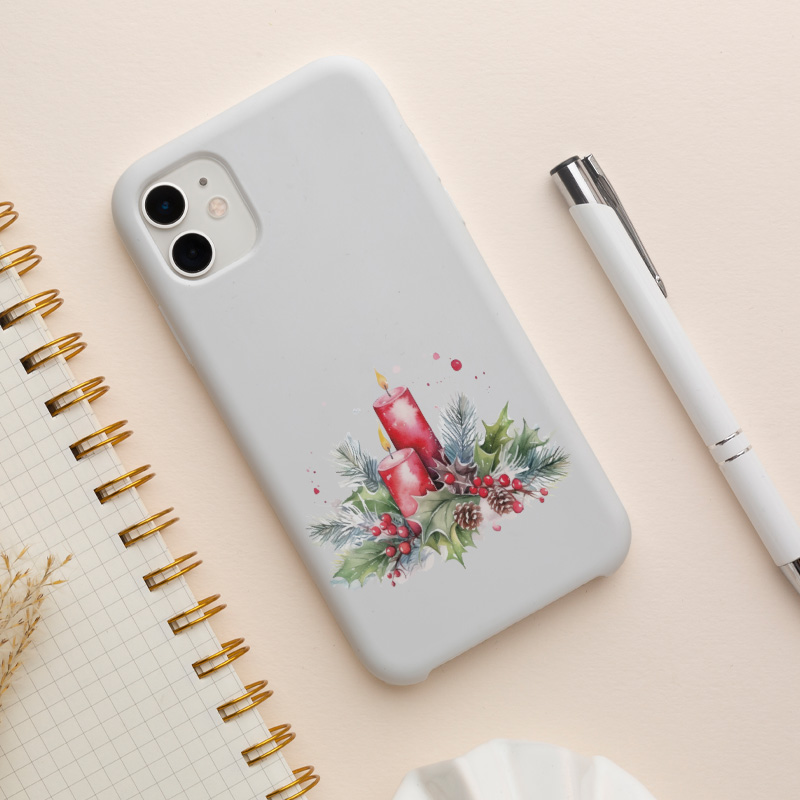 Yılbaşı Çiçekleri ve Kırmızı Mumlar Tasarımlı iPhone 11 Pro Max Telefon Kılıfı