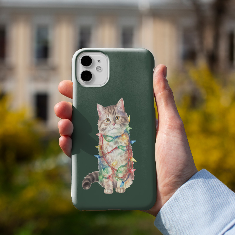 Yılbaşı Kedisi Tasarımlı iPhone 11 Pro Max Telefon Kılıfı