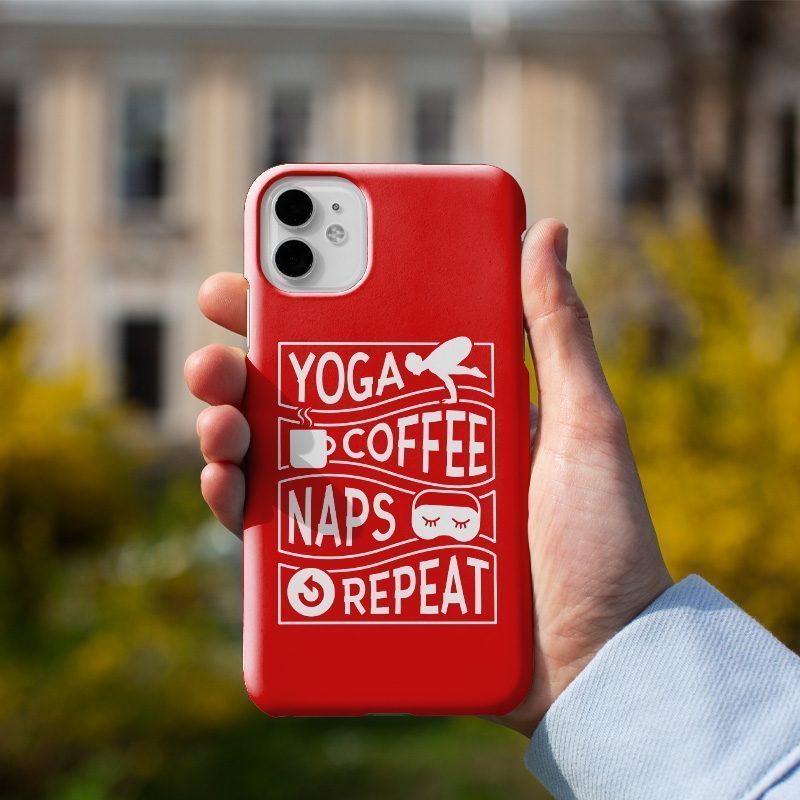 Yoga, Coffee, Naps, Repeat Yazılı Kırmızı iPhone 12 Pro Max Telefon Kılıfı