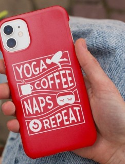 Yoga, Coffee, Naps, Repeat Yazılı Kırmızı iPhone 12 Telefon Kılıfı