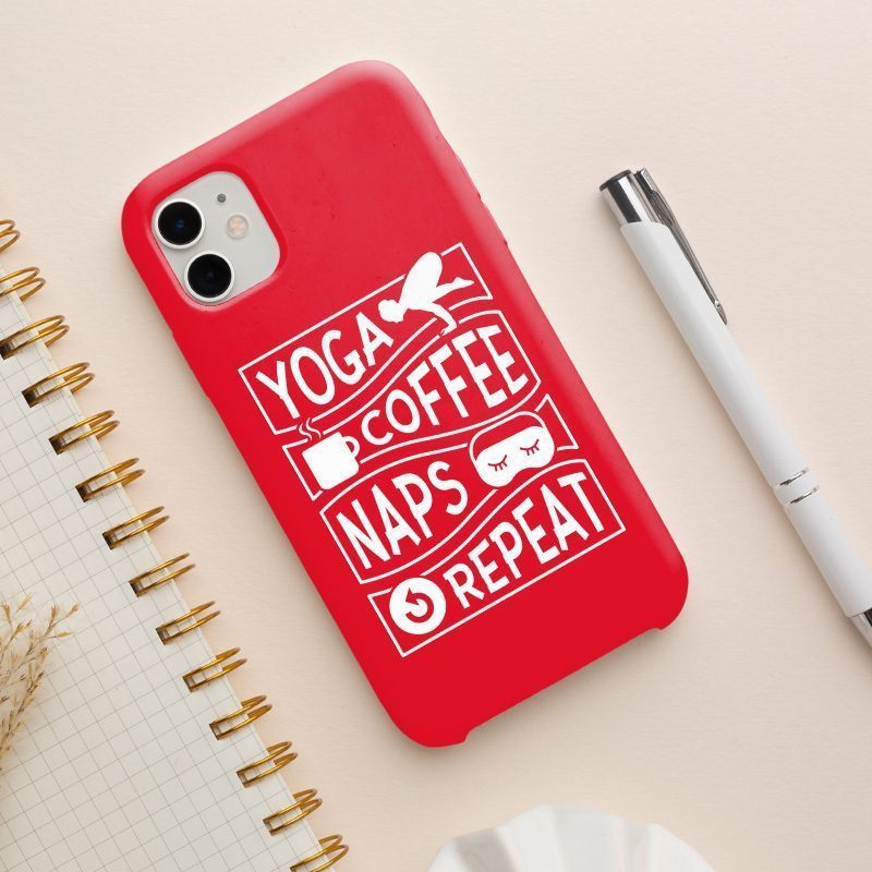 Yoga, Coffee, Naps, Repeat Yazılı Kırmızı iPhone 12 Telefon Kılıfı