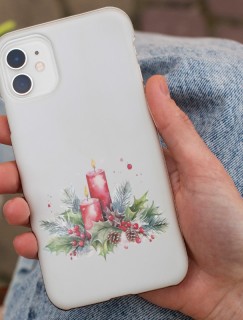 Yılbaşı Çiçekleri ve Kırmızı Mumlar Tasarımlı iPhone 11 Telefon Kılıfı