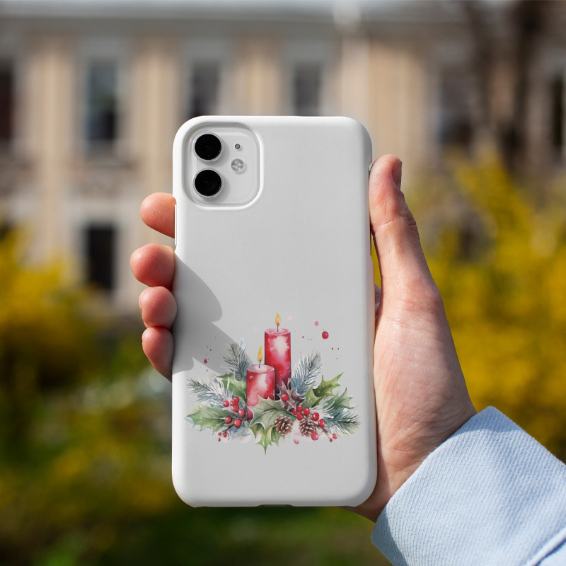Yılbaşı Çiçekleri ve Kırmızı Mumlar Tasarımlı iPhone 12 Pro Max Telefon Kılıfı