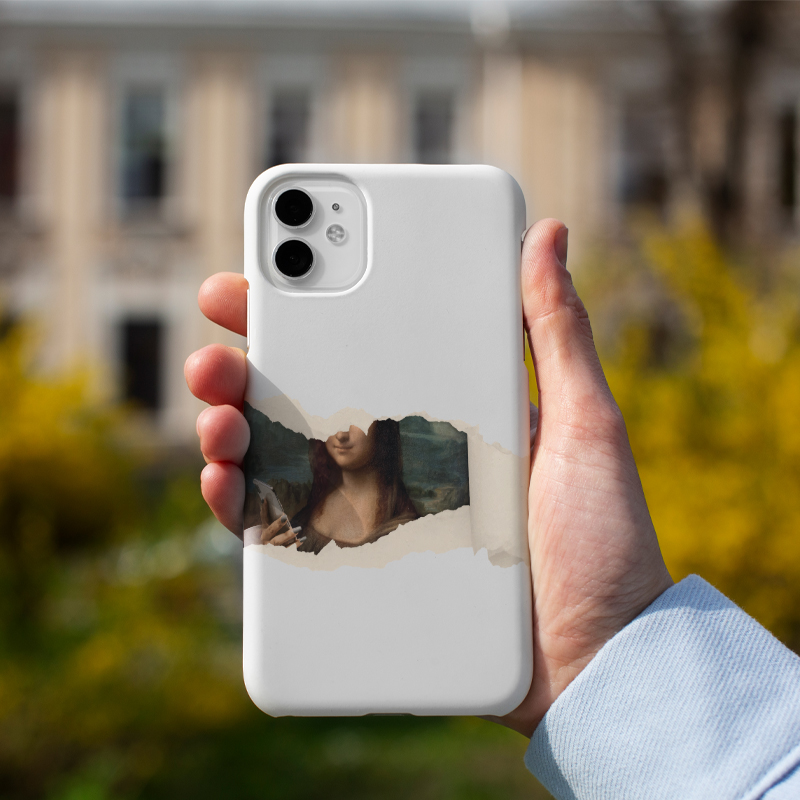 Cep Telefonlu Mona Lisa Kolajlı Beyaz iPhone 12 Pro Max Telefon Kılıfı
