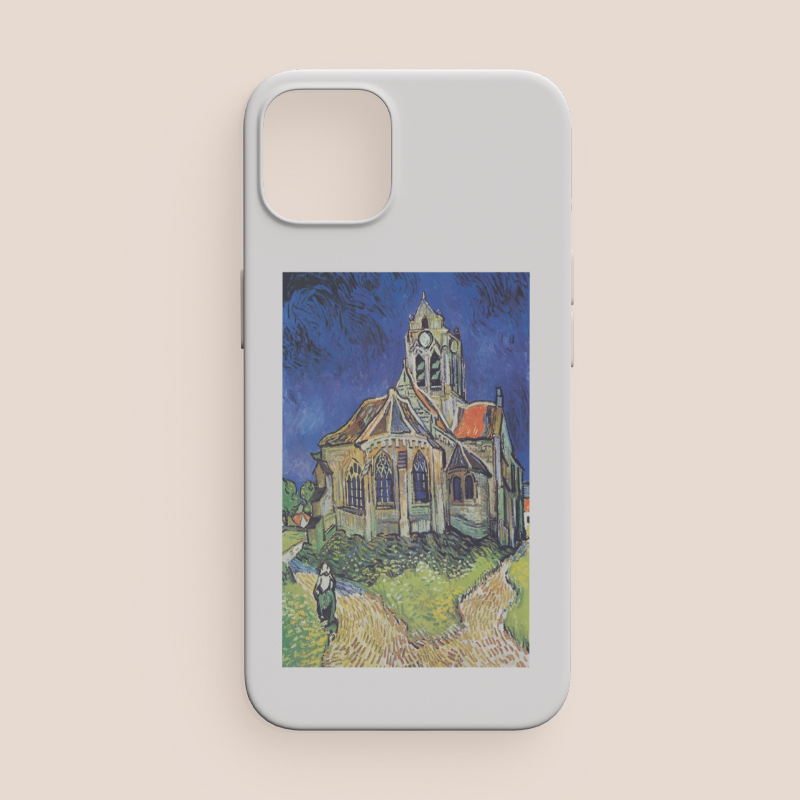 Vincent van Gogh'un Auvers'deki Kilise (1890) Tablosu Tasarımlı Beyaz iPhone 12 Telefon Kılıfı