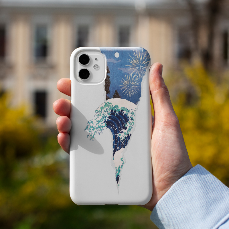 Hokusai Büyük Dalga Kolaj Tasarımlı Beyaz iPhone 13 Pro Max Telefon Kılıfı
