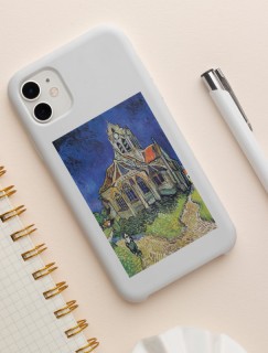 Vincent van Gogh'un Auvers'deki Kilise (1890) Tablosu Tasarımlı Beyaz iPhone 13 Pro Max Telefon Kılıfı