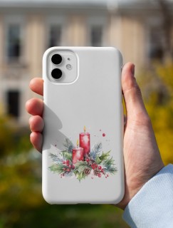 Yılbaşı Çiçekleri ve Kırmızı Mumlar Tasarımlı iPhone 13 Telefon Kılıfı