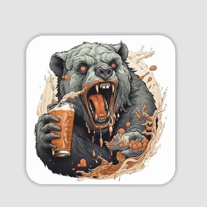 Bear and Beer Tasarımlı 4lü Kare Bardak Altlığı