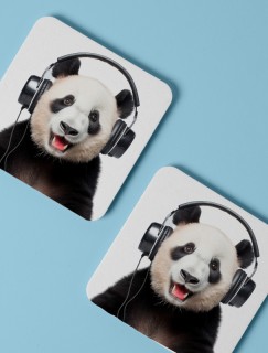 Müzik Tutkunu Panda Tasarımlı 4lü Doğal Taş Bardak Altlığı