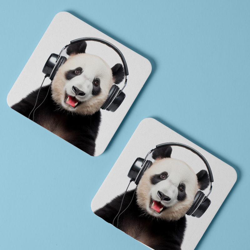 Müzik Tutkunu Panda Tasarımlı 4lü Doğal Taş Bardak Altlığı