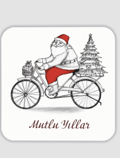 Bisikletli Noel Baba Tasarımlı 4lü Kare Bardak Altlığı