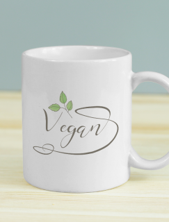 Vegan Yazılı Yaprak Detaylı Beyaz Porselen Kupa Bardak