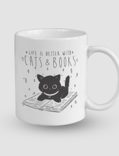 Cats and Books Tasarımlı Beyaz Porselen Kupa Bardak