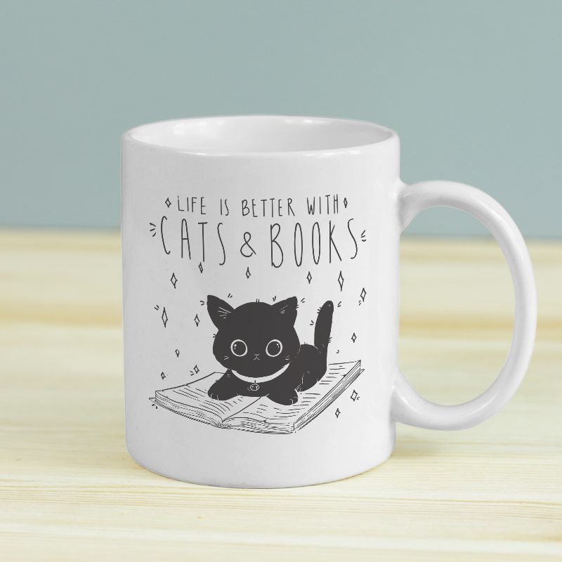 Cats and Books Tasarımlı Beyaz Porselen Kupa Bardak