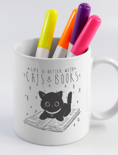 Cats and Books Tasarımlı Beyaz Porselen Kupa Bardak