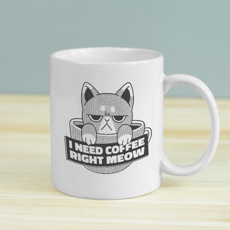 Kahvesever Sinirli Kedi Tasarımlı Beyaz Porselen Kupa Bardak