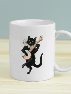 Müzisyen Kedi Tasarımlı Beyaz Porselen Kupa Bardak