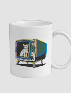 Retro TV Cat Tasarımlı Beyaz Porselen Kupa Bardak