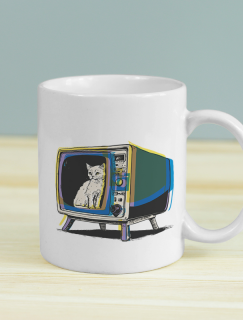 Retro TV Cat Tasarımlı Beyaz Porselen Kupa Bardak