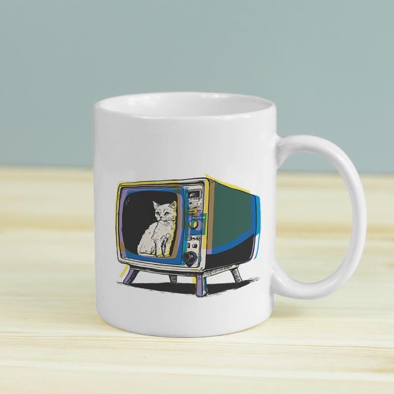 Retro TV Cat Tasarımlı Beyaz Porselen Kupa Bardak