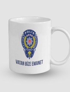 Vatan Bize Emanet Yazılı Polis Temalı Beyaz Porselen Kupa Bardak