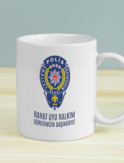 Görevimizin Başındayız Yazılı Polis Temalı Beyaz Porselen Kupa Bardak