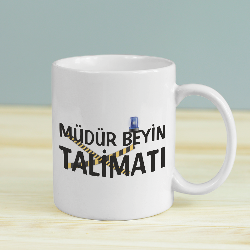 Müdür Beyin Talimatı Yazılı Polis Mesleki Esprili Beyaz Porselen Kupa Bardak