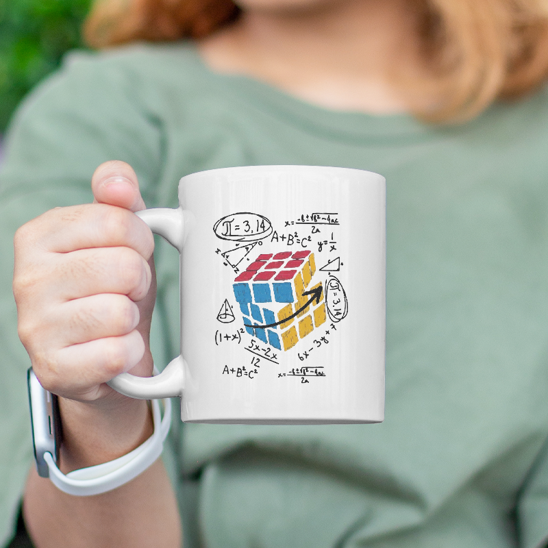 Rubik Küp Tasarımlı Matematik İşlemli Beyaz Porselen Kupa Bardak