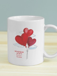 Kalpli Balonlar Tasarımlı Sevgililer Günü Özel Beyaz Porselen Kupa Bardak