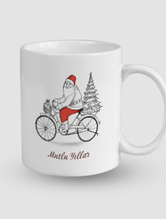 Bisikletli Noel Baba Tasarımlı Beyaz Porselen Kupa Bardak
