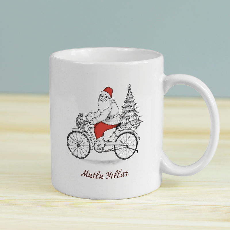 Bisikletli Noel Baba Tasarımlı Beyaz Porselen Kupa Bardak