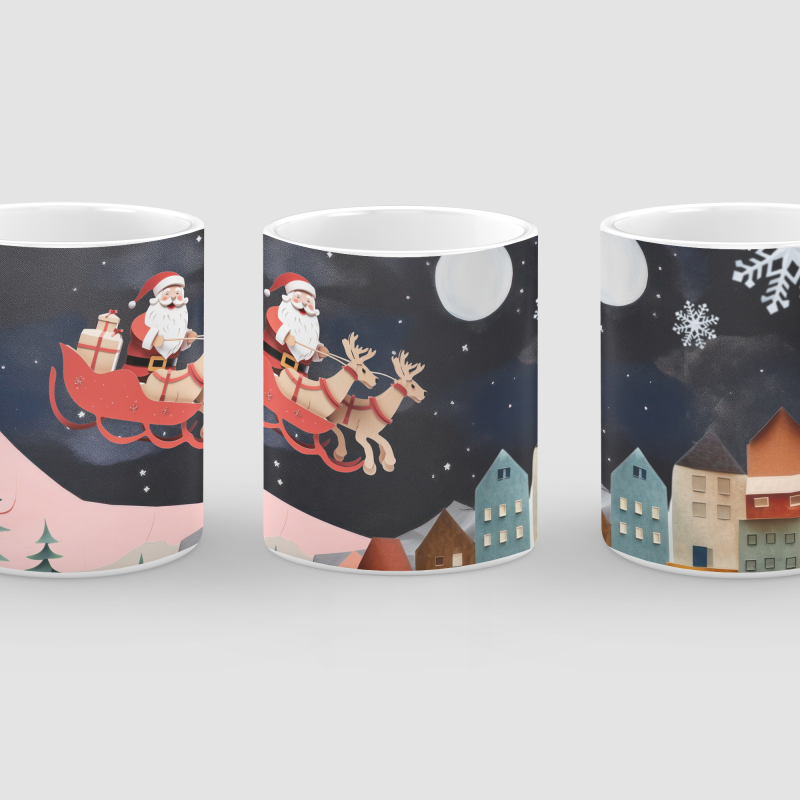 Noel Baba ve Ren Geyikleri Tasarımlı Beyaz Porselen Kupa Bardak