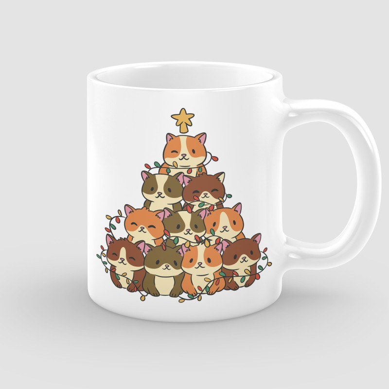 Yeni Yıl Kedi Ağacı Tasarımlı Beyaz Porselen Kupa Bardak