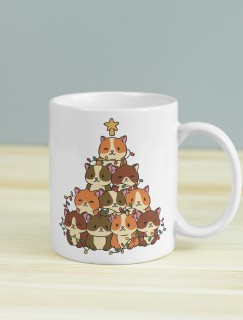 Yeni Yıl Kedi Ağacı Tasarımlı Beyaz Porselen Kupa Bardak