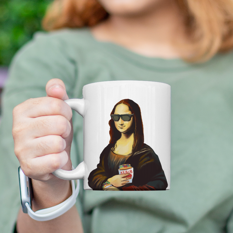 Mona Lisa Stili Tasarımlı Beyaz Porselen Kupa Bardak