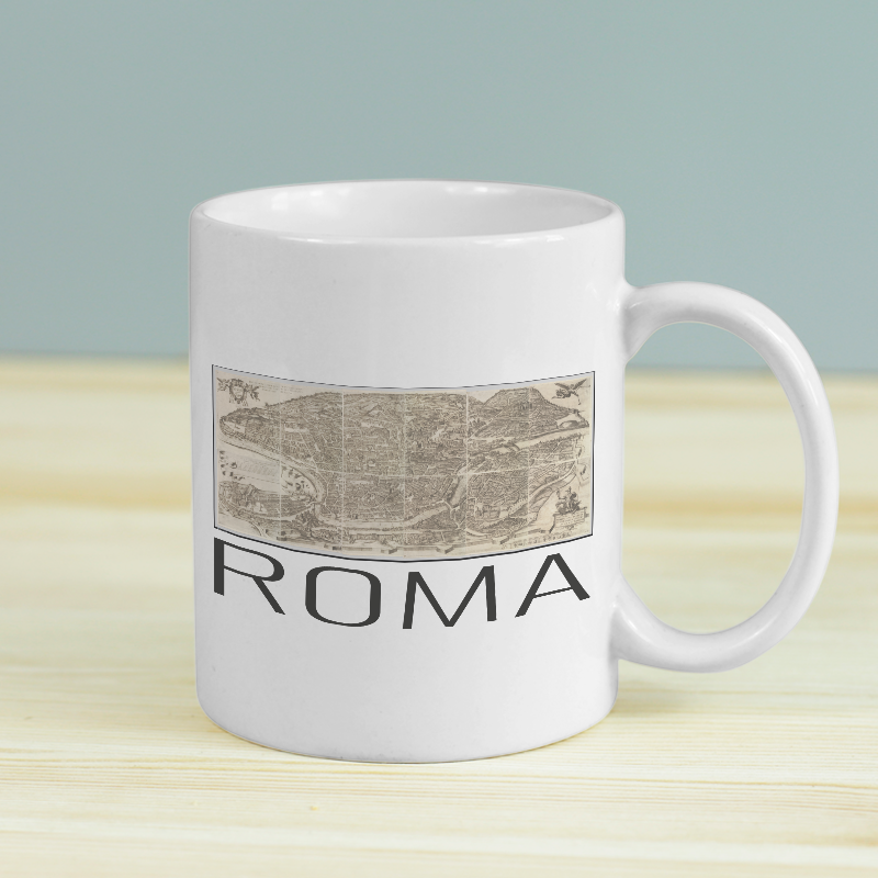 Roma Şehrinin Planı Tasarımlı Beyaz Porselen Kupa Bardak
