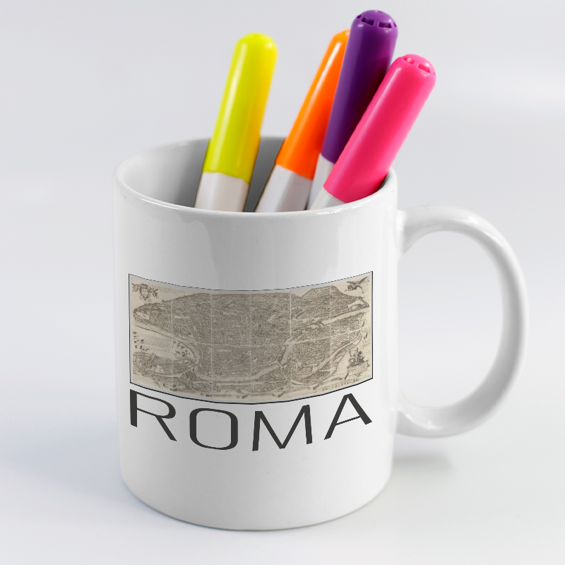 Roma Şehrinin Planı Tasarımlı Beyaz Porselen Kupa Bardak