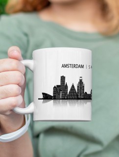 Amsterdam Manzarası Tasarımlı Kaplama Beyaz Porselen Kupa Bardak