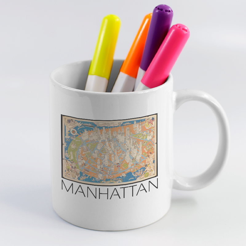 Manhattan Şehir Merkezi Haritası Tasarımlı Beyaz Porselen Kupa Bardak